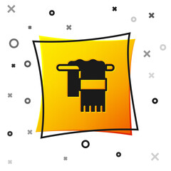 Black Towel on hanger icon isolated on white background. Bathroom towel icon. Yellow square button. Vector