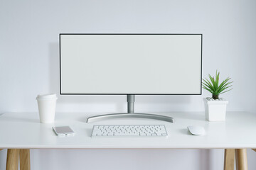 3D illustration Modern Computer on white table with white wall background
