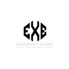 EXE letter logo design with polygon shape. EXE polygon logo monogram. EXE cube logo design. EXE hexagon vector logo template white and black colors. EXE monogram, EXE business and real estate logo. 