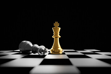 3D illustration King golden chess standing on chess board concept of business strategic plan and professional organization management leader.
