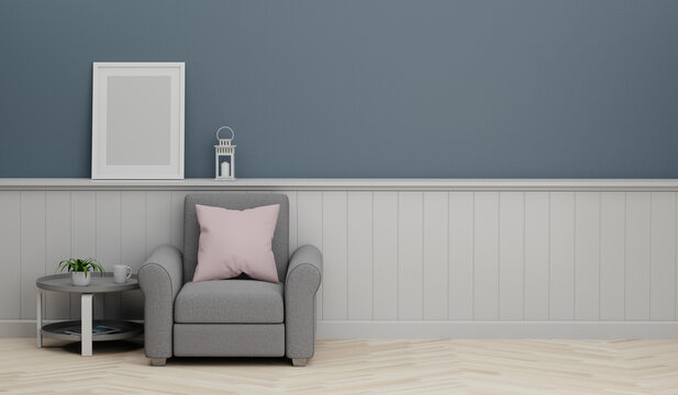 3D illustration Mock up wall with a counch and empty frame and Coffee table