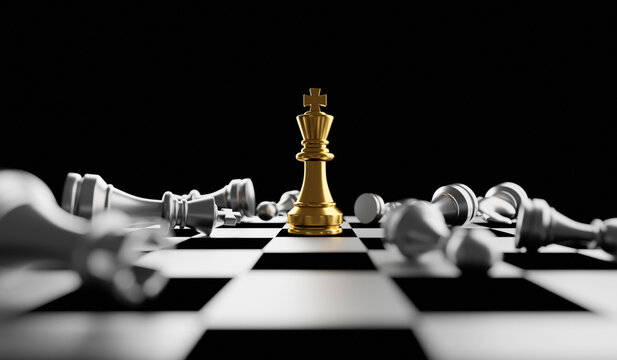 3D illlustration King golden chess standing on chess board concept of business strategic plan and professional organization management leader.