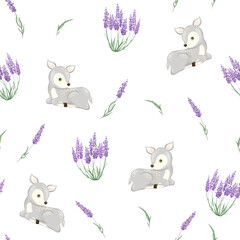 seamless pattern little fawn with lavender flowers. Deer lies in flowers for a baby blanket and fabric