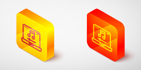 Isometric line Laptop with music note symbol on screen icon isolated on grey background. Yellow and orange square button. Vector