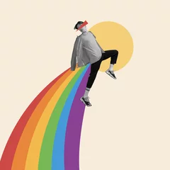 Foto auf Acrylglas Modern design, contemporary art collage. Inspiration, idea, trendy urban magazine style. Young man dancing on rainbow isolated on light background © master1305