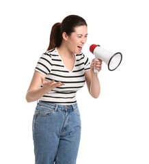 Angry young woman with megaphone on white background