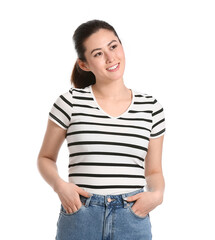 Obraz premium Beautiful young woman on white background