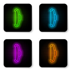 Glowing neon line Medieval bow icon isolated on white background. Medieval weapon. Black square button. Vector