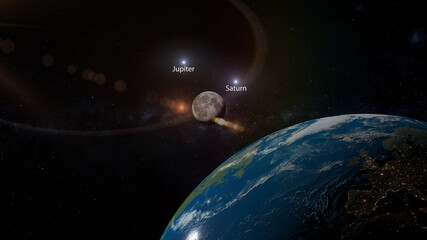 moon meets gas giants jupiter and saturn 3d illustration © SN