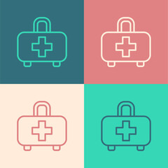 Pop art line First aid kit icon isolated on color background. Medical box with cross. Medical equipment for emergency. Healthcare concept. Vector