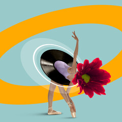 Modern design, contemporary art collage. Inspiration, idea, trendy urban magazine style. Composition with female ballet dancer headed of flower on blue yellow background.