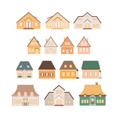 Fototapeta premium Suburban houses set in cartoon style. Isolated cozy home. Elements for real estate, property and ownership concepts. Front view of building, roof, windows