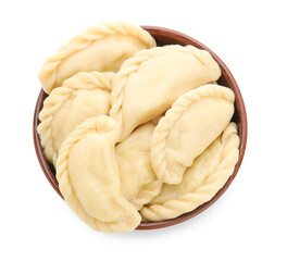 Bowl with tasty dumplings on white background