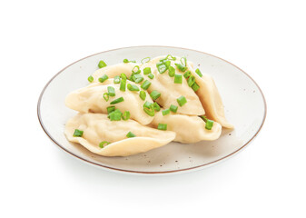 Plate with tasty dumplings on white background