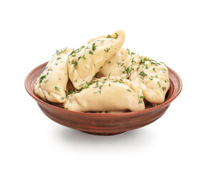 Plate with tasty dumplings on white background