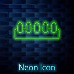 Fototapeta na wymiar Glowing neon line Set of false nails for manicure icon isolated on brick wall background. Varnish color palette for nail extension. Artificial nails. Vector