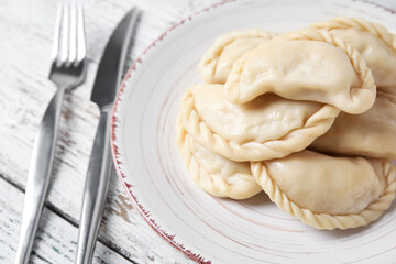 Plate with tasty dumplings on light wooden background, closeup