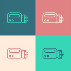 Pop art line Flashlight for diver icon isolated on color background. Diving underwater equipment. Vector