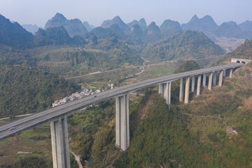 Aerial landscape of highway viaduct in mountainous area of China
