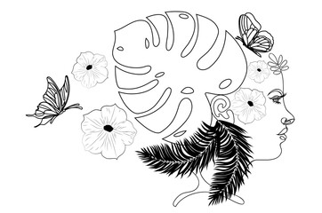 Girl profile lineart with tropic leaves