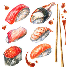 Color pencils illustration of sushi