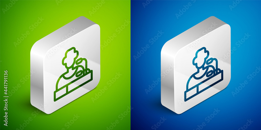 Wall mural isometric line football player press conference icon isolated on green and blue background. silver s