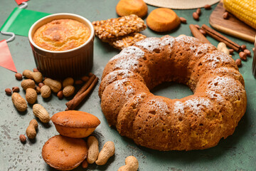 Traditional food for Festa Junina (June Festival) on color background