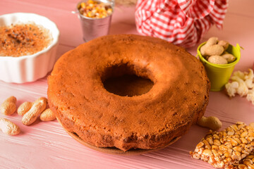 Traditional food for Festa Junina (June Festival) on color wooden background