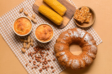 Traditional food for Festa Junina (June Festival) on color background