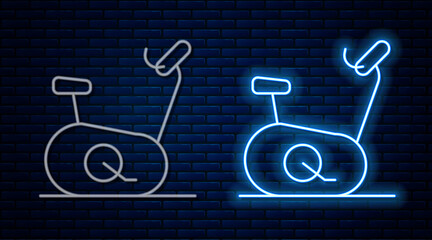 Glowing neon line Stationary bicycle icon isolated on brick wall background. Exercise bike. Vector