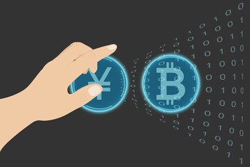 The hand presses the transparent blue buttons in the form of digital coins of bitcoin and yuan against a dark background.Online concept. Blockchain computer technologies. Virtual electronic money.