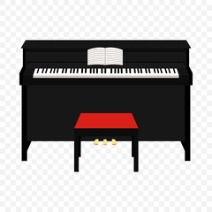Black piano with notes isolated on the transparent background. Classical piano with black stool. Vector illustration, flat design