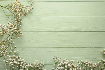 Beautiful gypsophila flowers on color wooden background