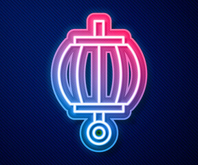 Obraz premium Glowing neon line Korean paper lantern icon isolated on blue background. Vector