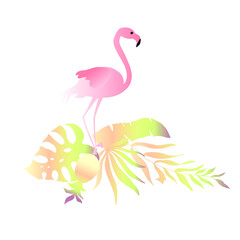 Flamingo in the leaves of tropical palm trees. Vector illustration.