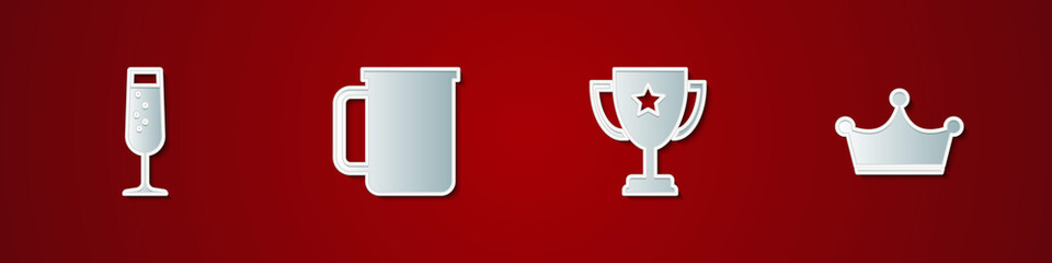 Set Glass of champagne, Coffee cup, Trophy and Crown icon. Vector