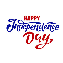 Happy Independence Day, greeting card in the colors of the national flag of the United States, blue and red, hand lettering, digital vector illustration.