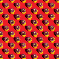 Round cactus seamless pattern in a yellow pot on a red background. For printing posters on fabric.
