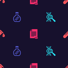 Set DNA research, search, , Paper page with eye and Test tube drop of blood on seamless pattern. Vector