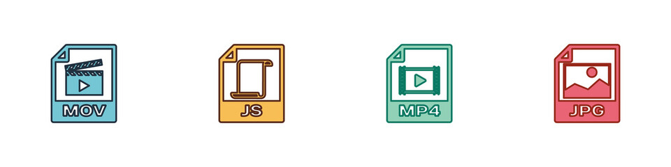 Set MOV file document, JS, MP4 and JPG icon. Vector