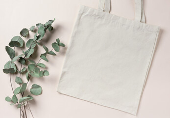 Mockup empty template White cream shopping bag for your design, eco friendly, zero waste with copy...