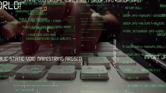 Creative visual of computer programming coding and software development shown by man working on computer keyboard with overlay of computer graphic displaying abstract program codes and computer script