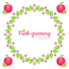 Summer design template with fresh green leaves and red apple