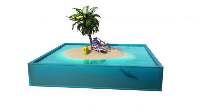 Animation for a tourist advertisement with an image of an island with a palm tree and sun 
loungers for outdoor recreation. 