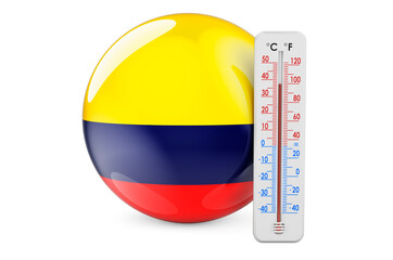 Thermometer with Colombian flag. Heat in Colombia concept. 3D rendering