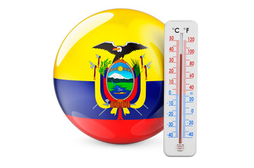 Thermometer with Ecuadorian flag. Heat in Ecuador concept. 3D rendering