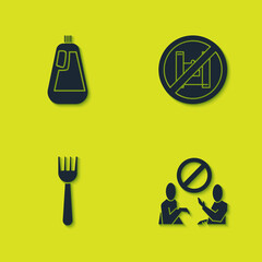 Set Bottle for dishwashing liquid, Stop plastic pollution, Disposable fork and Say no bags poster icon. Vector