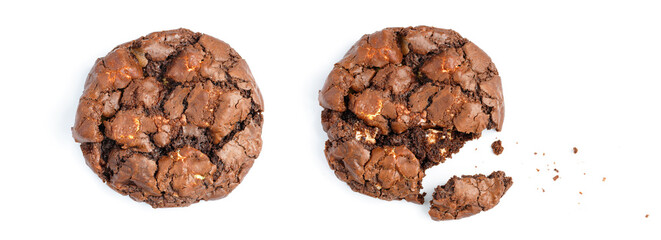 soft chocolate cookies and bite piece  isolated top view on white background - obrazy, fototapety, plakaty