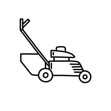 lawn mower doodle icon, vector color line illustration