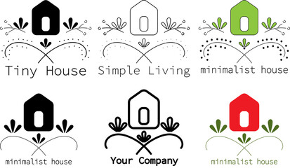 Set of tiny minimalist eco wooden house in nature with plants and flowers. Vector logo and icon for web, company corporate design.  - obrazy, fototapety, plakaty